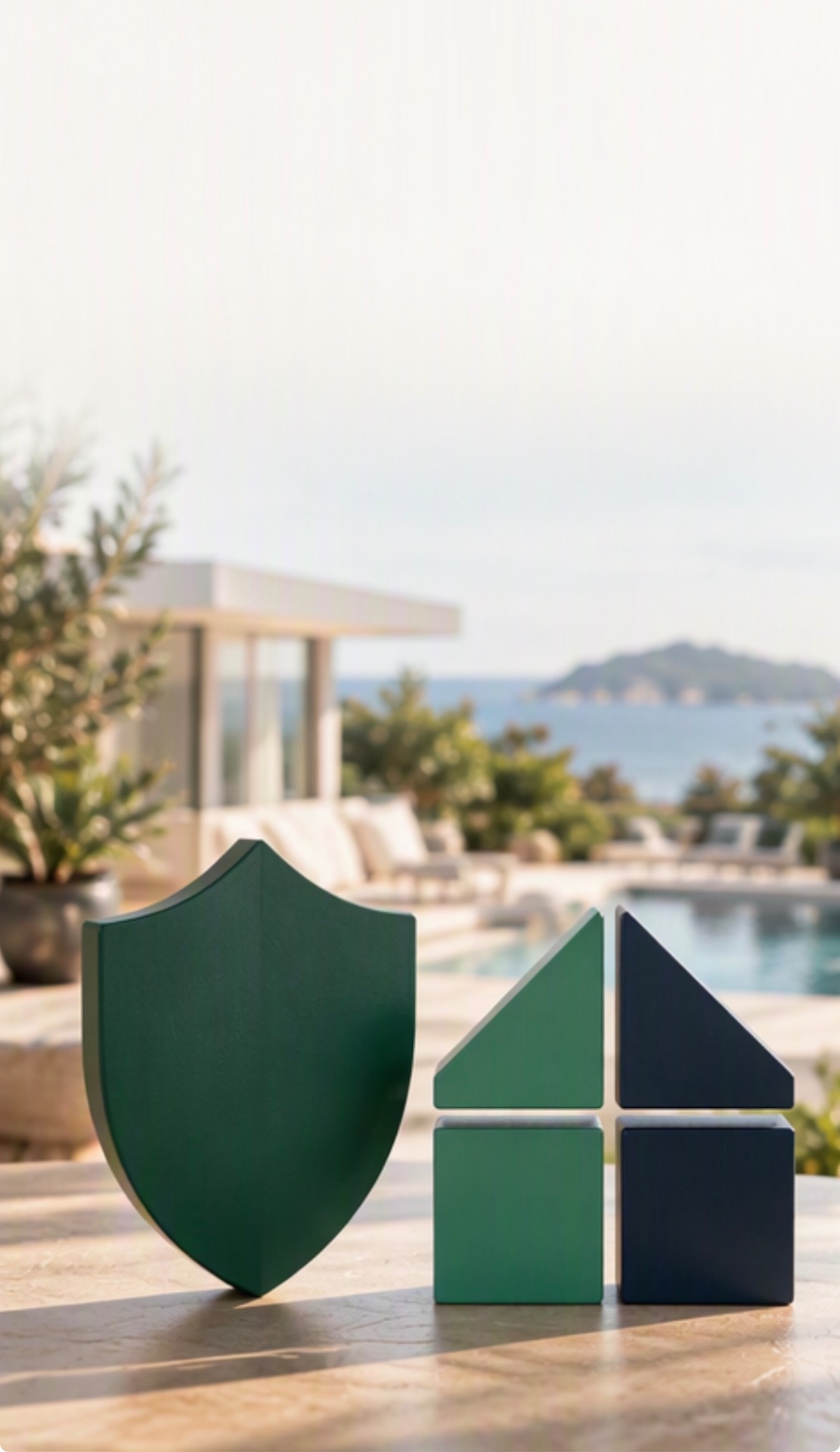 A green shield standing beside a green and navy house built from blocks, on a sunlit terrace by a pool.