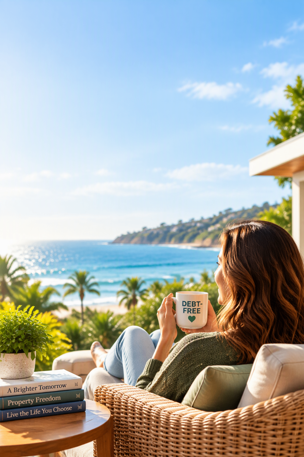 A woman seated on a sunlit coastal terrace holding a mug marked debt-free, looking out over the ocean.