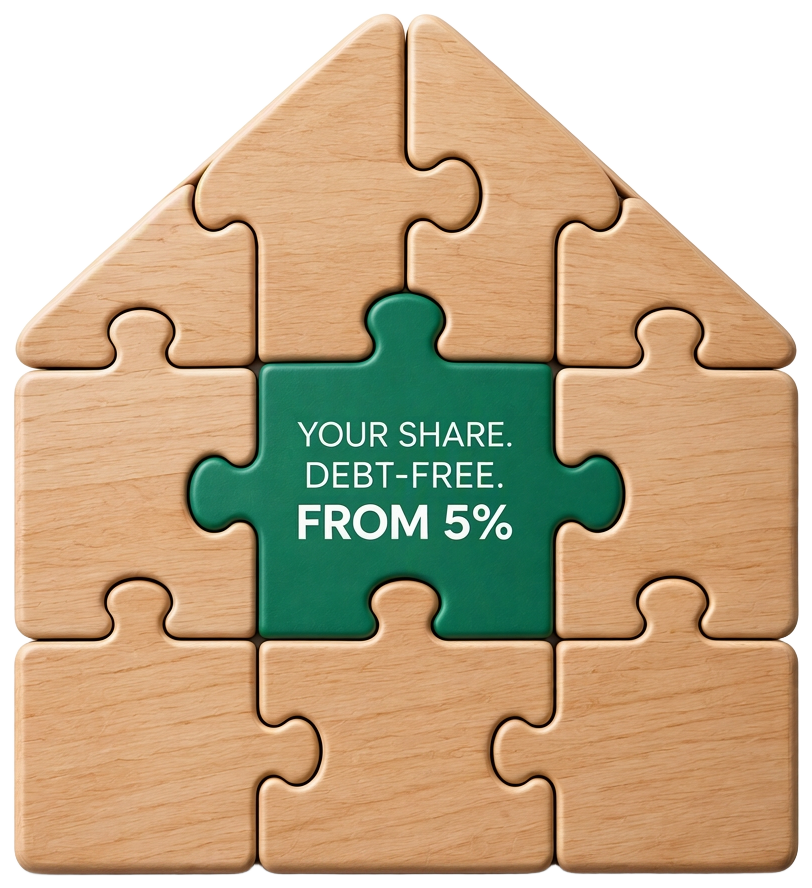 A house assembled from wooden puzzle pieces with one green piece at the centre reading Your share. Debt-free. From 5%.