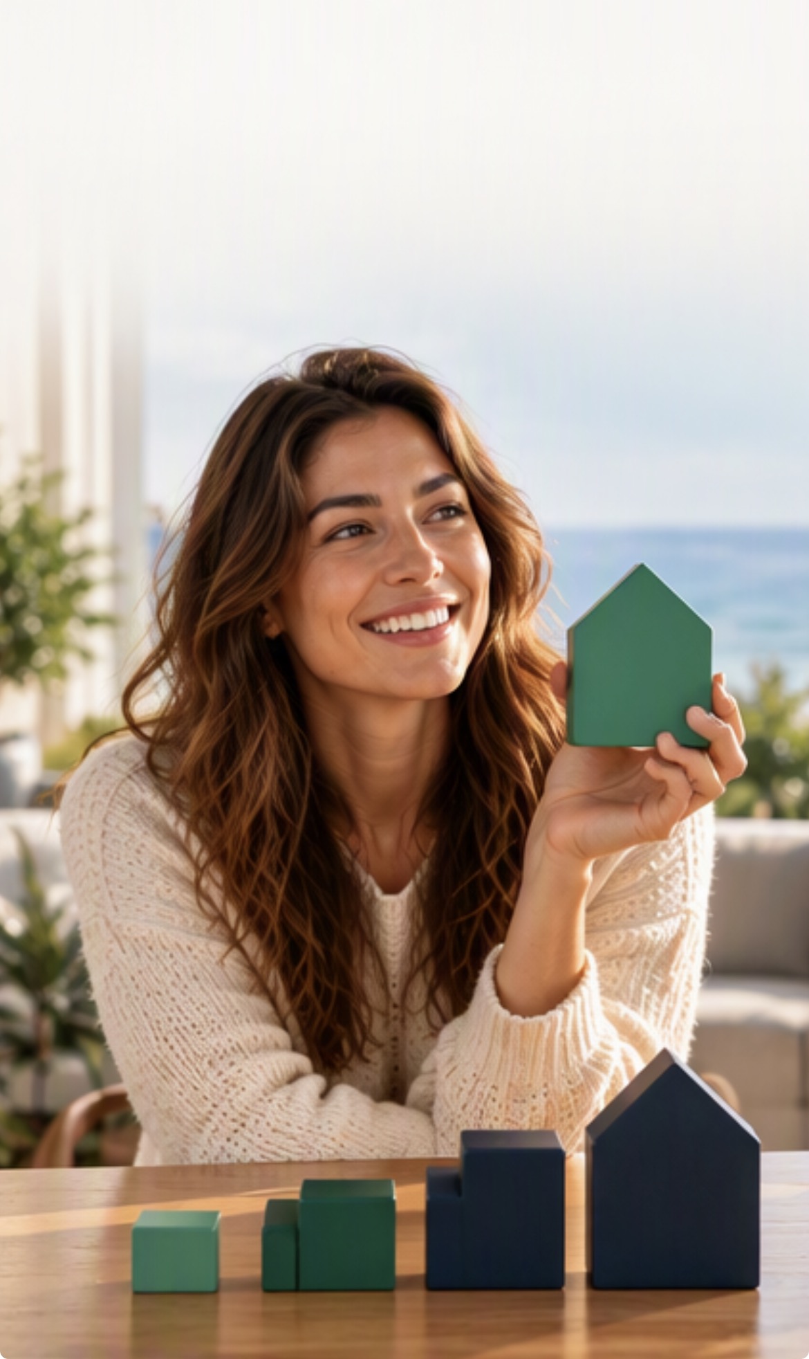 A smiling woman holding a green house-shaped block above a table where green and navy ownership blocks grow in size.