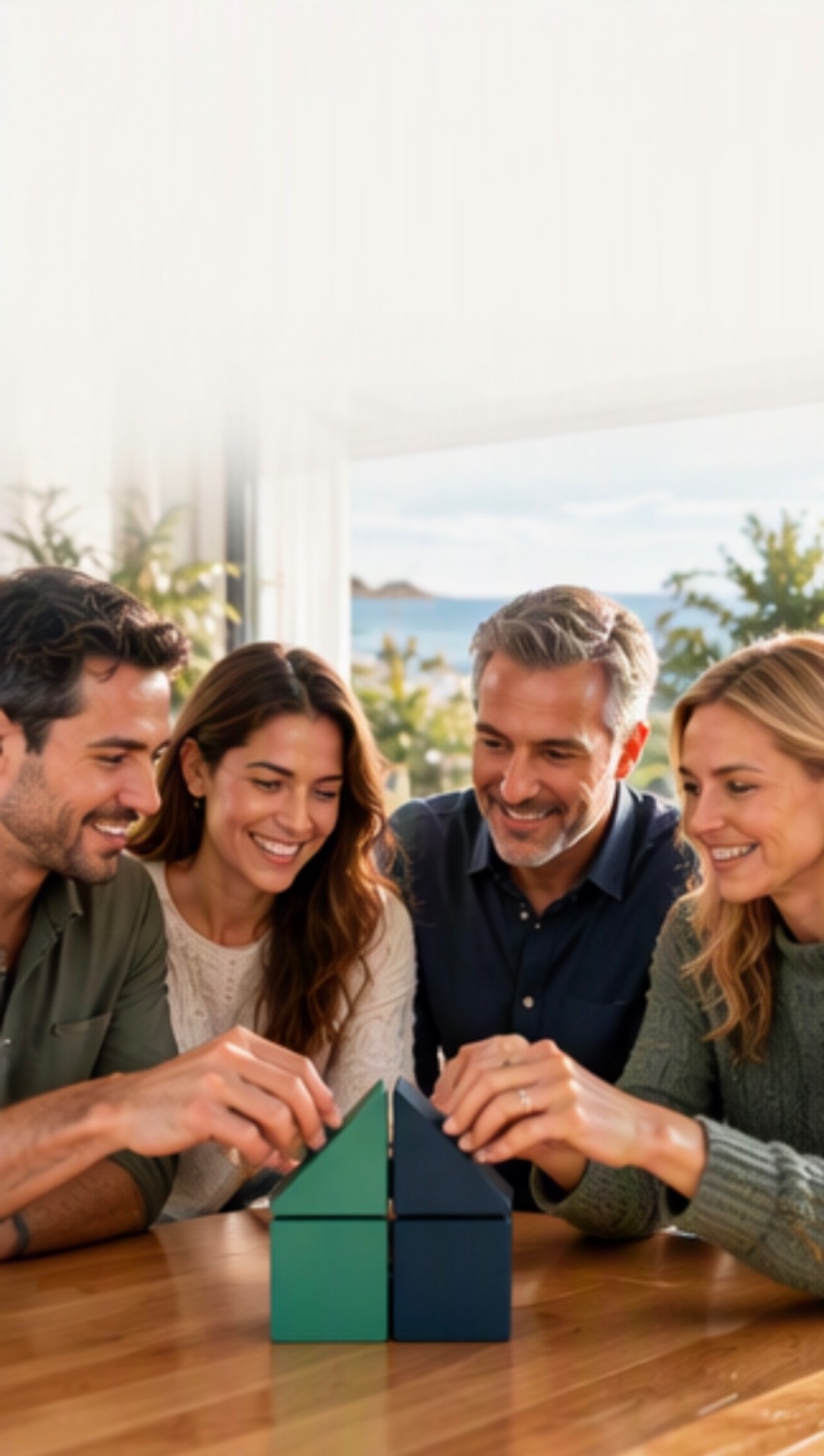 Four people around a table fitting green and navy roof pieces onto a house-shaped model.