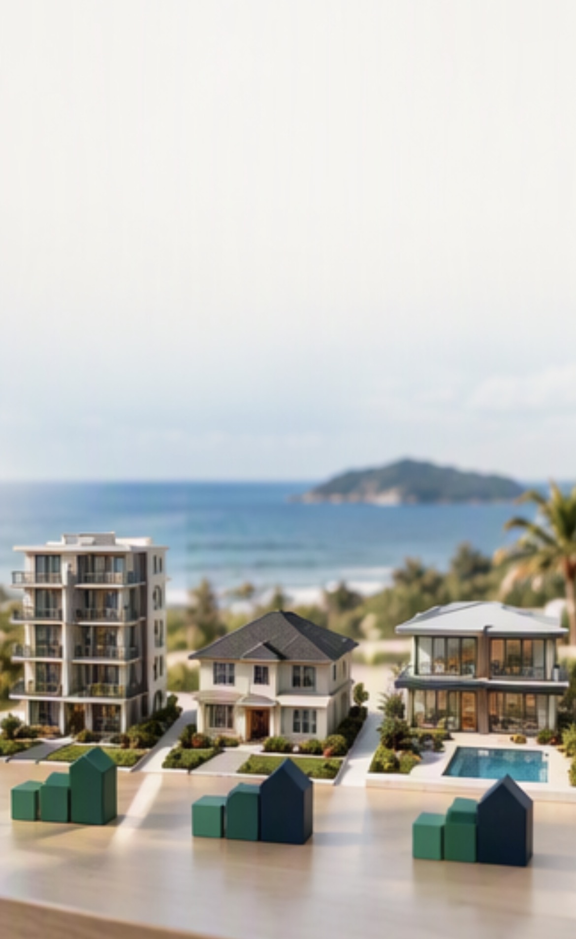 Apartment, house and villa models with small green and navy ownership blocks in front.