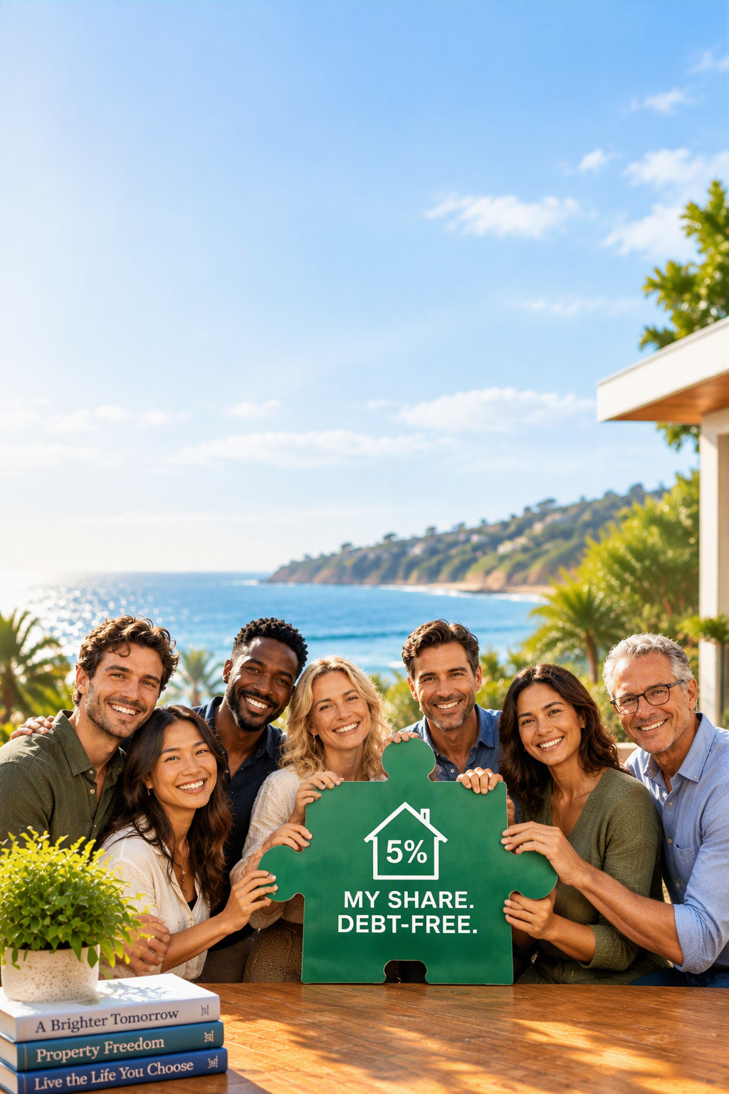 A group of smiling people gathered on a sunlit coastal terrace behind a wooden table, together holding up a large green puzzle piece marked 5% my share, debt-free.