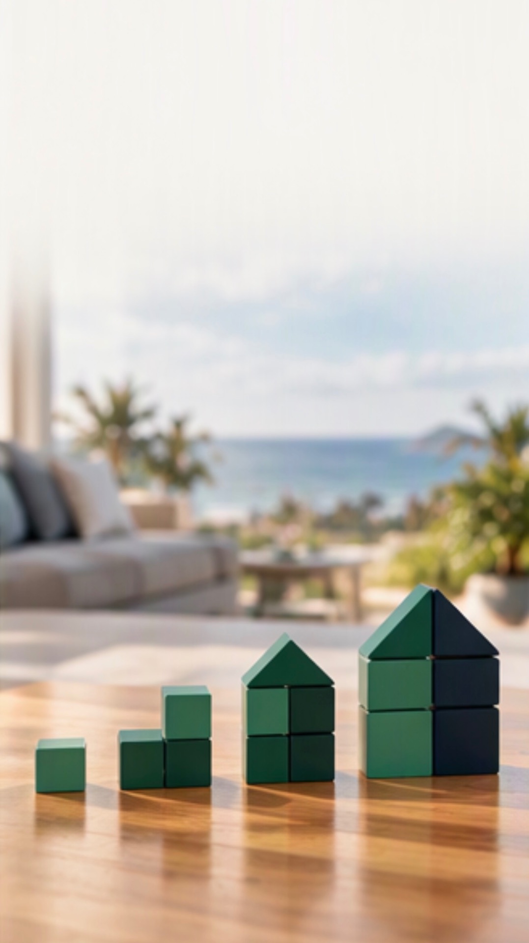 Green and navy blocks growing from a single cube into a full house across a sunlit wooden table.