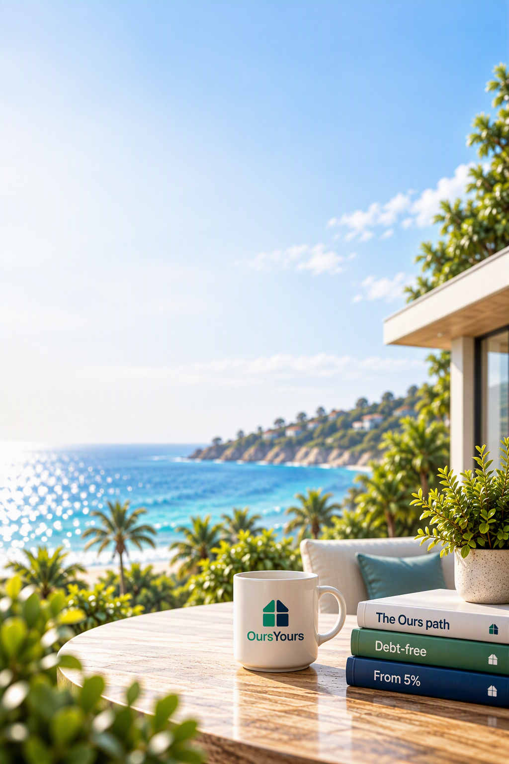 Coastal terrace with an OursYours mug and books titled The Ours path, Debt-free and From 5%
