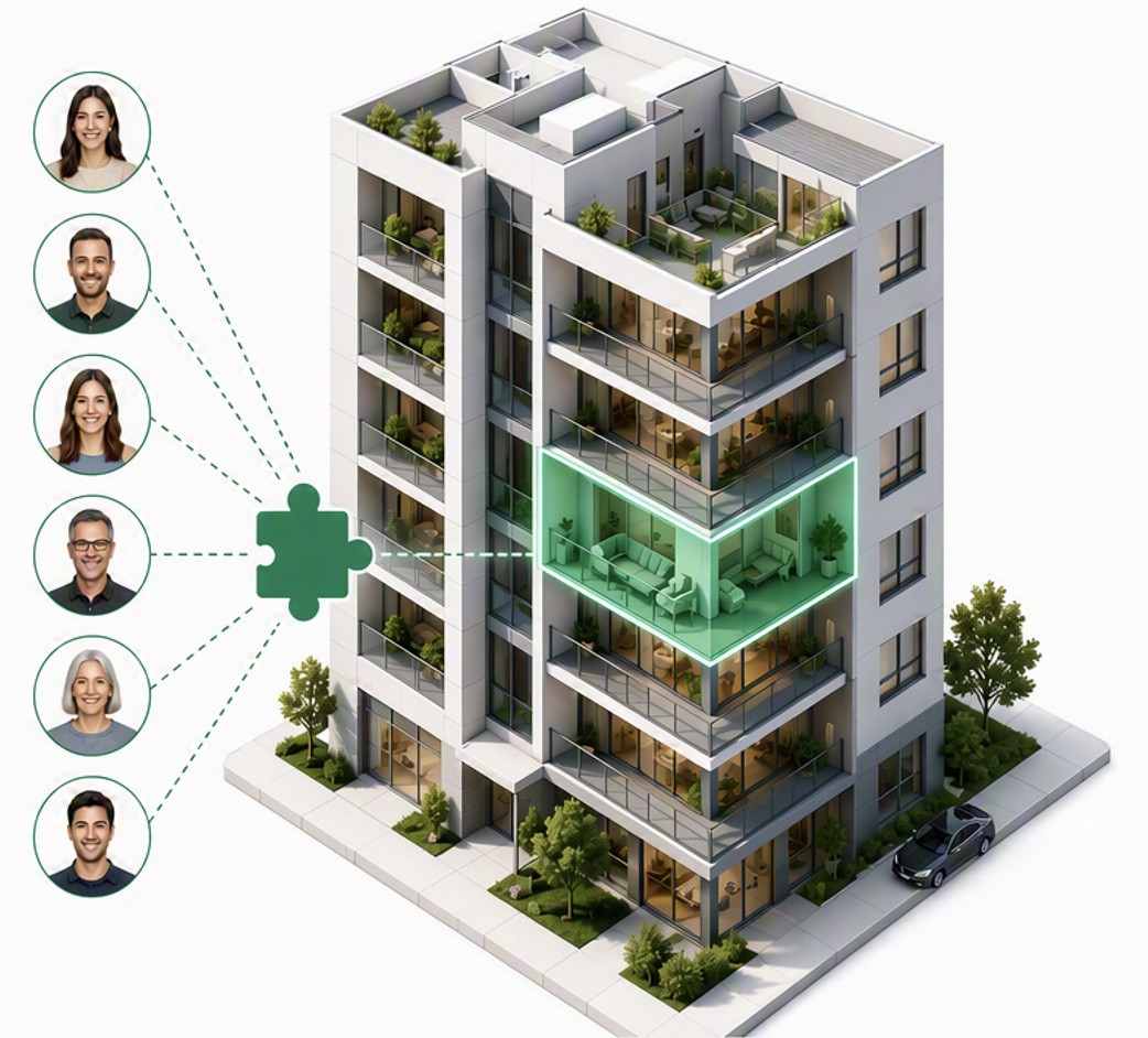 People connected by green puzzle pieces collectively owning a modern strata property